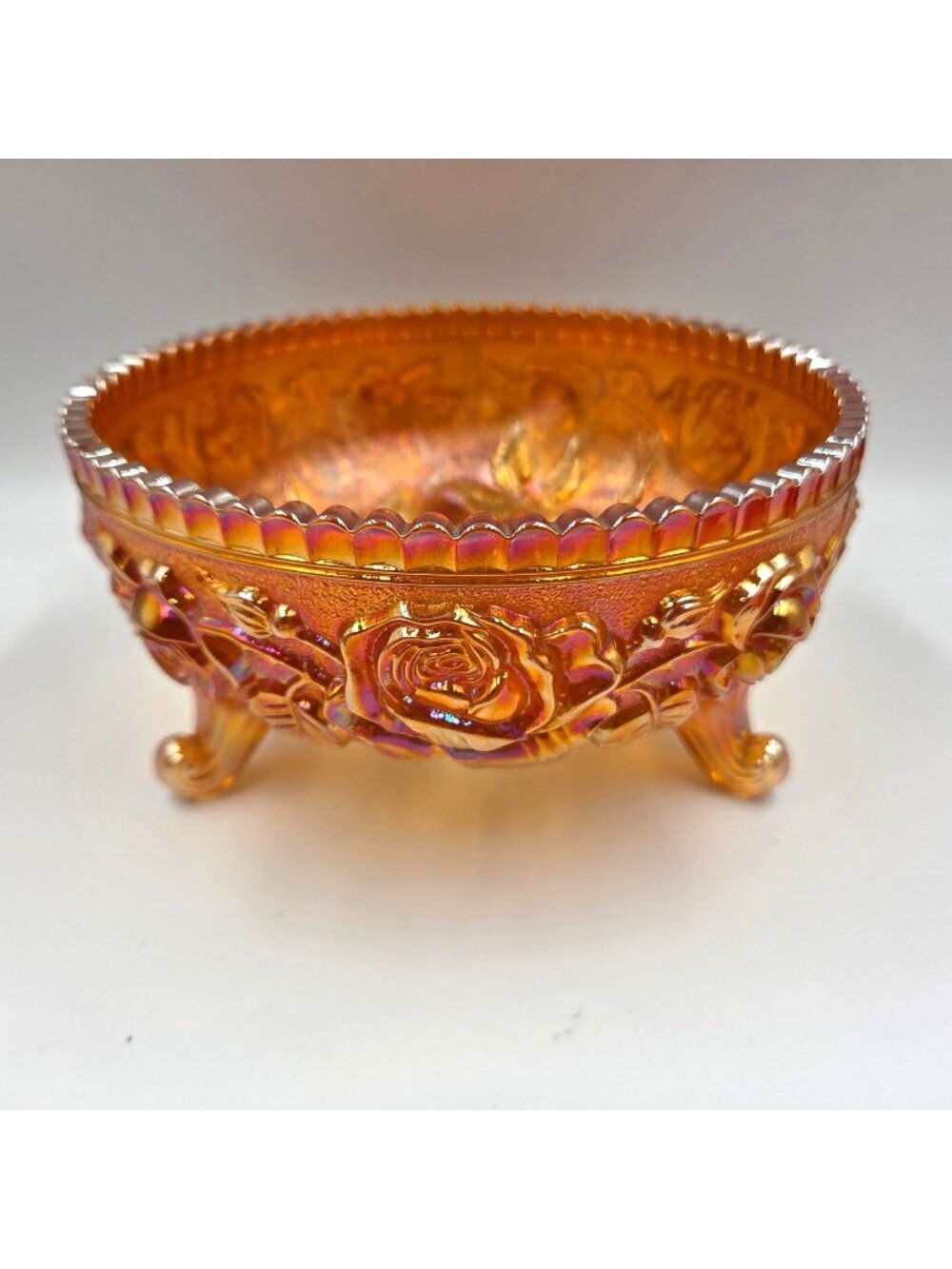 Imperial Carnival Glass Lustre Rose Marigold 3 Footed Bowl 7.5" D